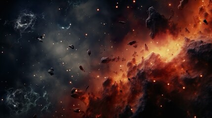 An epic galactic scene showcasing fiery nebula clouds and scattered asteroids hinting at the...