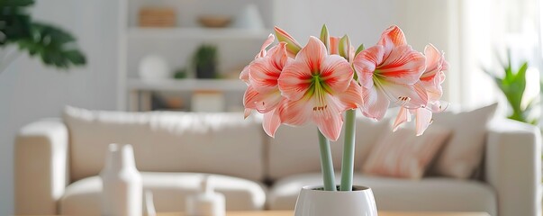 blooming marine amaryllis flower in an elegant white pot in stylish room - obrazy, fototapety, plakaty