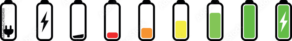 Wall mural set of vertical battery level indicators in percentage vector. battery indicator symbols