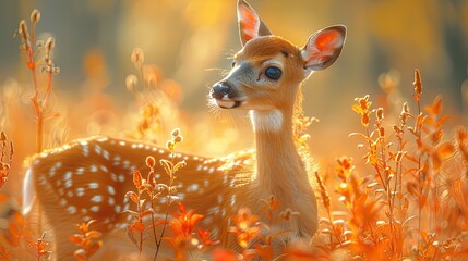a precious deer standing tall in a vast, golden field, evoking a sense of wonder and admiration.