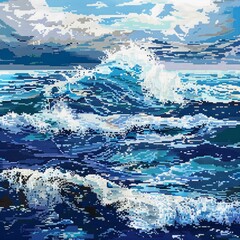 A surreal depiction of a pixelated ocean scene, where waves are made of various shades of blue and white pixels, creating a sense of depth and movement. 