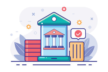 A phone with a building on top of it, showcasing an innovative concept of technology supporting architecture, maintain the security of the mobile bank, Simple and minimalist flat Vector Illustration