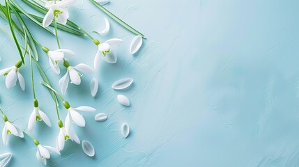A creative layout featuring delicate white snowdrop flowers set against a backdrop of light blue and white hues Presented in a flat lay style this composition embodies a fresh and vibrant s - obrazy, fototapety, plakaty