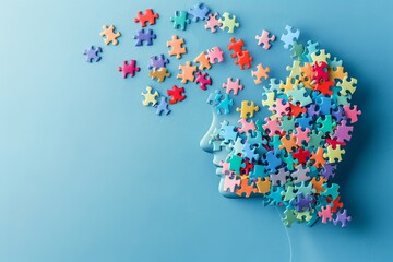 World autism awareness day concept. child with colorful puzzle pieces on light blue background - Powered by Adobe