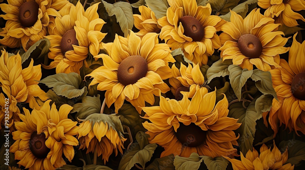 Wall mural This image showcases a stunning digital illustration of a lush sunflower field with intricate details and rich, warm tones