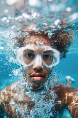Fototapeta premium A man wearing goggles underwater in a swimming pool, AI