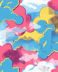 Abstract halftone comics background - Modern design clouds in pop colors banner - 793204759