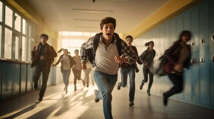 Teenage students racing down the school hallway with joyful expressions