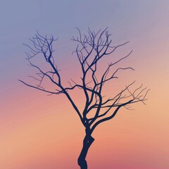 A tree abstracted into simple, elegant lines against a gradient sunset background. 