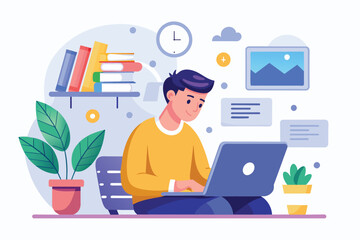 A man is focused on his laptop screen while sitting on a bench in a public area, Male character is doing assignments online, Simple and minimalist flat Vector Illustration