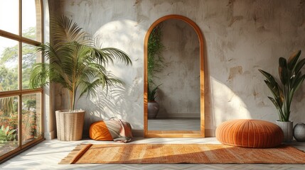 a mid-modern light room with a captivating photograph showcasing an arched full-length mirror, reflecting the chic ambiance.