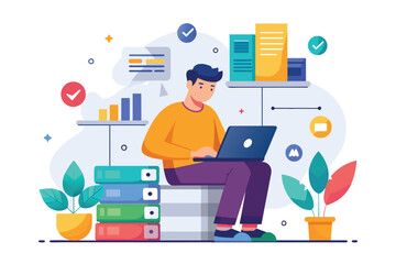 Fototapeta premium A man sits on a stack of books while typing on a laptop computer, Male character works to organize data, Simple and minimalist flat Vector Illustration