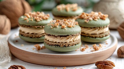 Obraz na płótnie Canvas A white plate holds green macaroons, each topped with frosting and pecans Nearby, a pile of walnuts sits untouched