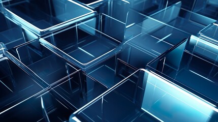 An intricate network of blue transparent 3D cubes creating a sense of depth and complexity, perfect for illustrating futuristic concepts