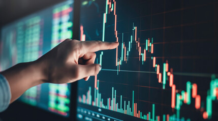 hand of a businessman pointing at a candle stick graph chart of stock market investment trading app. data analytics and strategy formulation