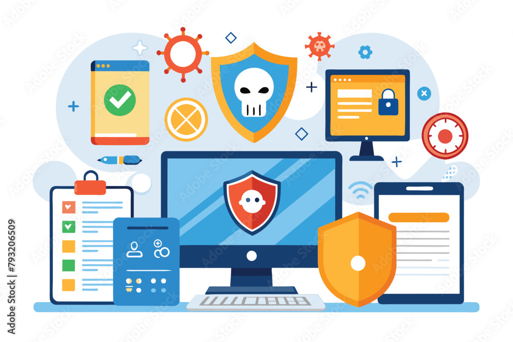Poster a computer protected by a shield with various security gadgets surrounding it, malware protection so