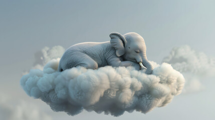 A cute little baby elephant sleeps on a cloud 3d.