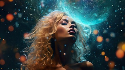 Striking image of a woman with a cosmic backdrop representing concepts like creation, life force, and magic