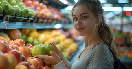 Woman examining display of apples