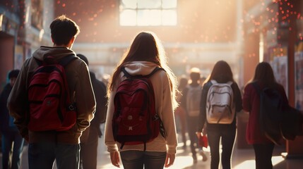 The warmth of the sun illuminates two students from behind as they walk down a busy school hallway with backpacks