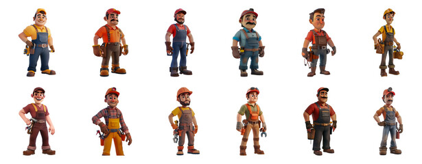 Collection of animated male worker characters in various poses cut out png on transparent background