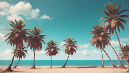 Fototapeta na wymiar Classic Beach Aesthetic, Retro Toned Tropical Palm Trees. Seaside View.
