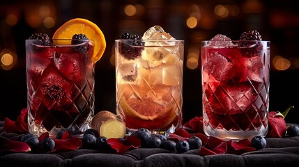   Three glasses, each holding a distinct drink, accompany a slice of orange and a solitary blueberry