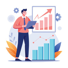 A man, a manager, stands in front of a chart, analyzing sales growth data with a tablet in hand, Manager analyzes sales growth graph, Simple and minimalist flat Vector Illustration