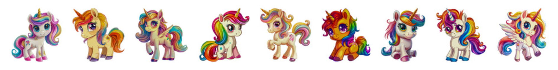 Magical unicorns with colorful manes in various poses cut out png on transparent background