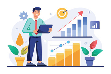 A man stands in front of a chart, analyzing sales growth data on a tablet, Manager analyzes sales growth graph, Simple and minimalist flat Vector Illustration