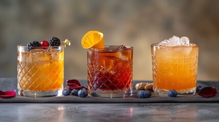   Three glasses, each holding a distinct drink, garnished with blackberries, oranges, and raspberries