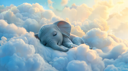 Cute little elephant sleeping on clouds - obrazy, fototapety, plakaty