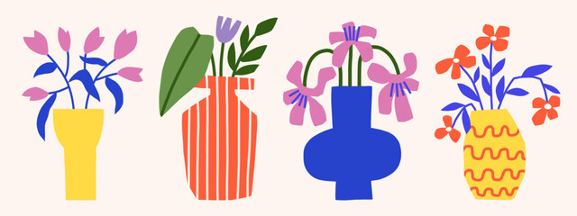 Bright flowers in vases vector illustration set. Trendy paper cut floral graphic. Flat botanical elements