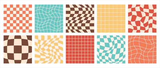 Groovy psychedelic checkerboard vector backgrounds set. Retro 70s abstract wavy checkered patterns