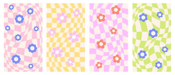 Groovy flowers psychedelic checkerboard social media backgrounds set. Retro 70s abstract hippie vector checkered prints