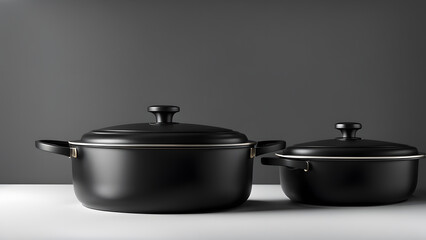 Two black pots are on a table