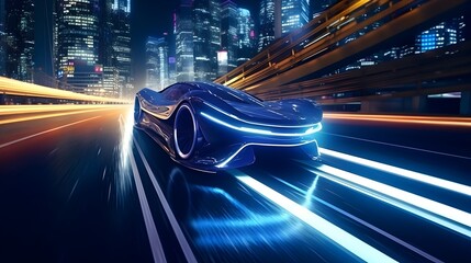  Explore the intersection of technology and transportation as a futuristic car speeds along the road at night, its lights streaking through the darkness to create a symphony of motion and light - obrazy, fototapety, plakaty
