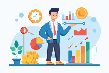A man stands in front of a large pile of coins, examining them closely, Manager controls the development of income statistics, Simple and minimalist flat Vector Illustration - obrazy, fototapety, plakaty