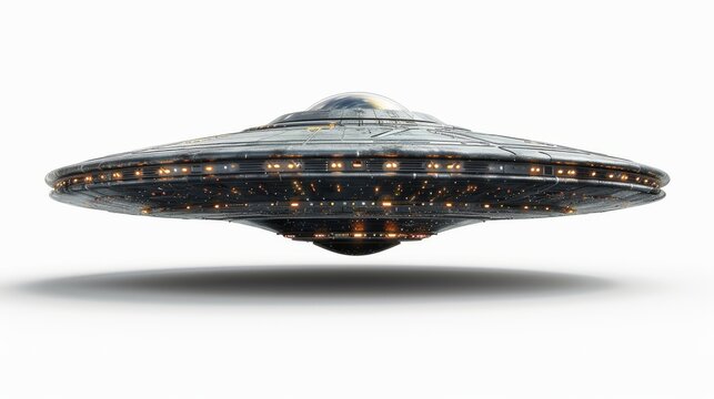 A 3D rendering of an alien UFO spaceship in flight, viewed from the bottom and isolated on a white background.