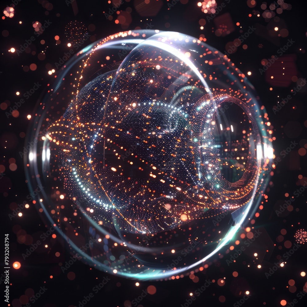 Sticker Abstract tech bubble with glowing core and floating digital particles. 