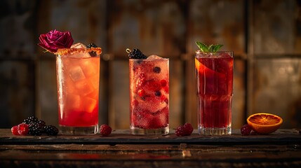   Three distinct drinks rest on the table beside an orange and a combination of blackberries and raspberries