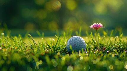 Obraz premium Wishing a heartfelt Mother s Day to the golfer adorned with a golf ball and a flower standing on the lush green grass