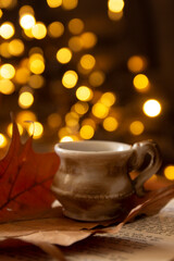 books, leaves, coffee cup and bokeh lights