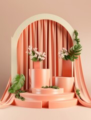 Podium with tropical branches and leaves. Advertising stand render 3d style. promotion empty podium in soft peach pastel stylish colors. display for product