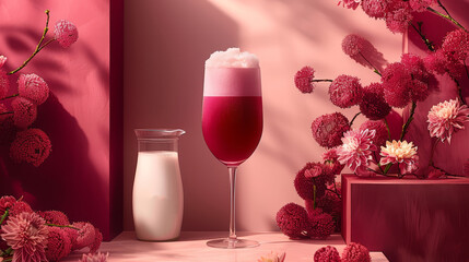   A glass of liquid, a bottle of milk, and a vase with pink flowers on a table against a pink background
