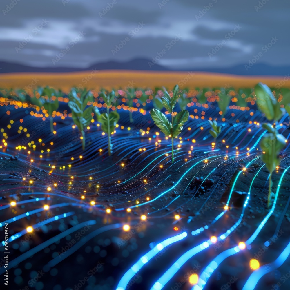 Canvas Prints A field of plants is lit up with bright lights, creating a surreal