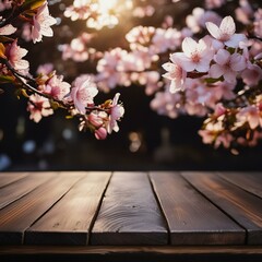 Naklejka na ściany i meble natural beauty and elegance with an empty dark wooden table graced by the ethereal presence of Japanese cherry blossom flowers,
