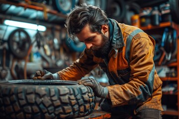 Repairman working on tire in well-equipped garage.