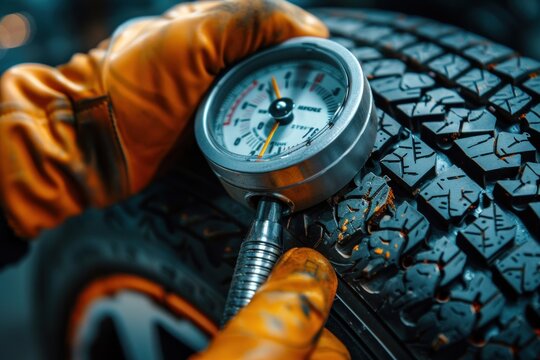 Mechanic's hand holding tire gauge for pressure check.