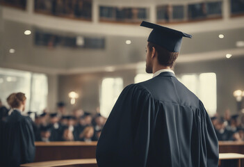 A graduate student in a gown gives a congratulatory speech to the audience